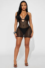 Island Breeze Crochet Fishnet Cutout Cover Up Dress - Black