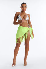 In The Tropics Mesh Fringe Swim Cover Up Sarong - Neon Yellow