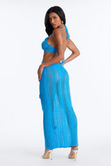 Seas The Bloom 3 Piece Floral Swim Crochet Cover Up Skirt Set - Blue