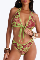 Alana Floral 3 Piece Halter Bikini & Short Sunsuit - Brown/combo