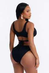 Dance With The Waves Back Tie U Wire 1 Piece Swimsuit - Black