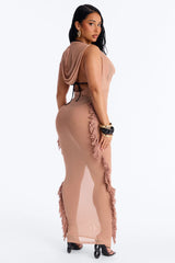 Keep Cool Fringe Hooded Mesh Cover Up Maxi Dress - Mocha