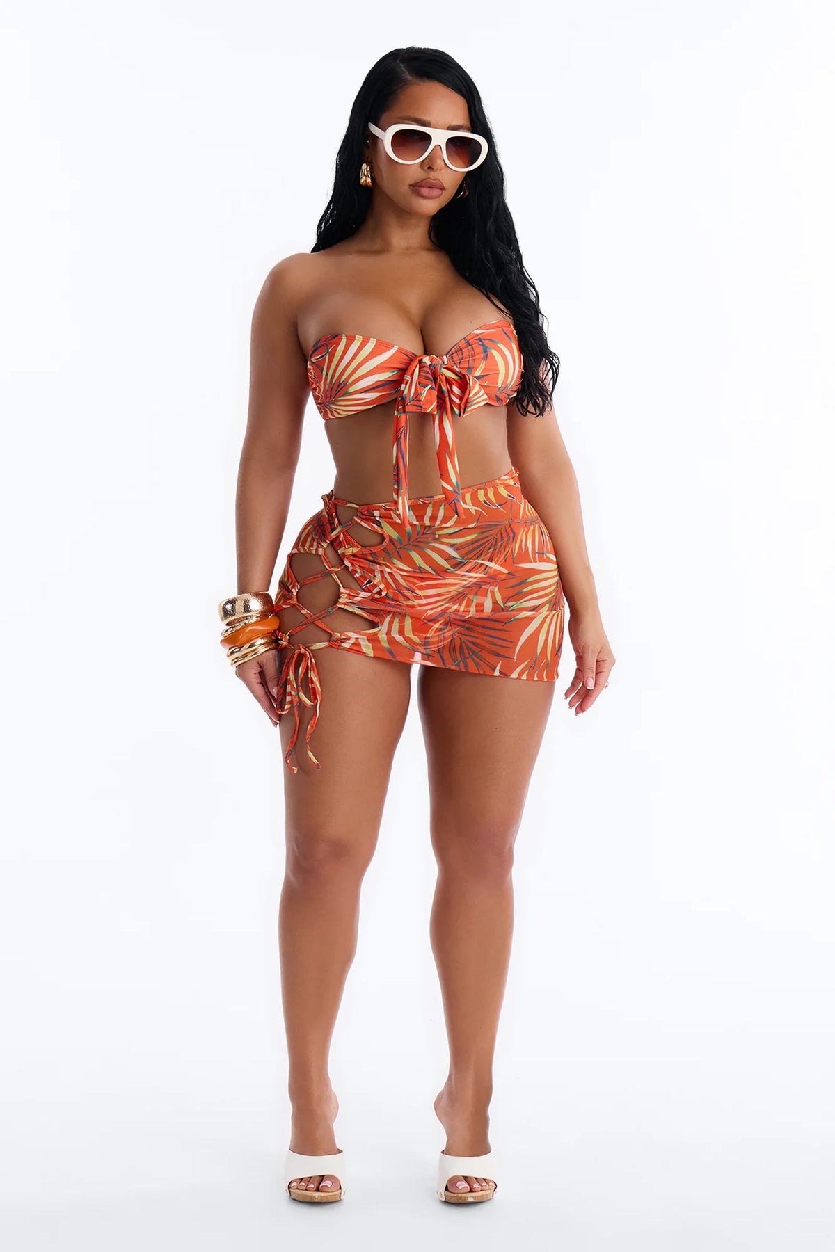 Kayla Tropical Lace Up Front Tie 3 Piece Bikini Skirt Set - Orange/combo