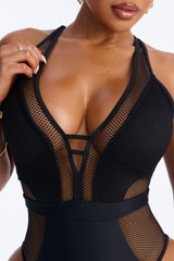 Gave In To Pier Pressure Fishnet Cut Out 1 Piece Swimsuit - Black