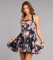 Gabriella Satin Floral Lace-Up Dress