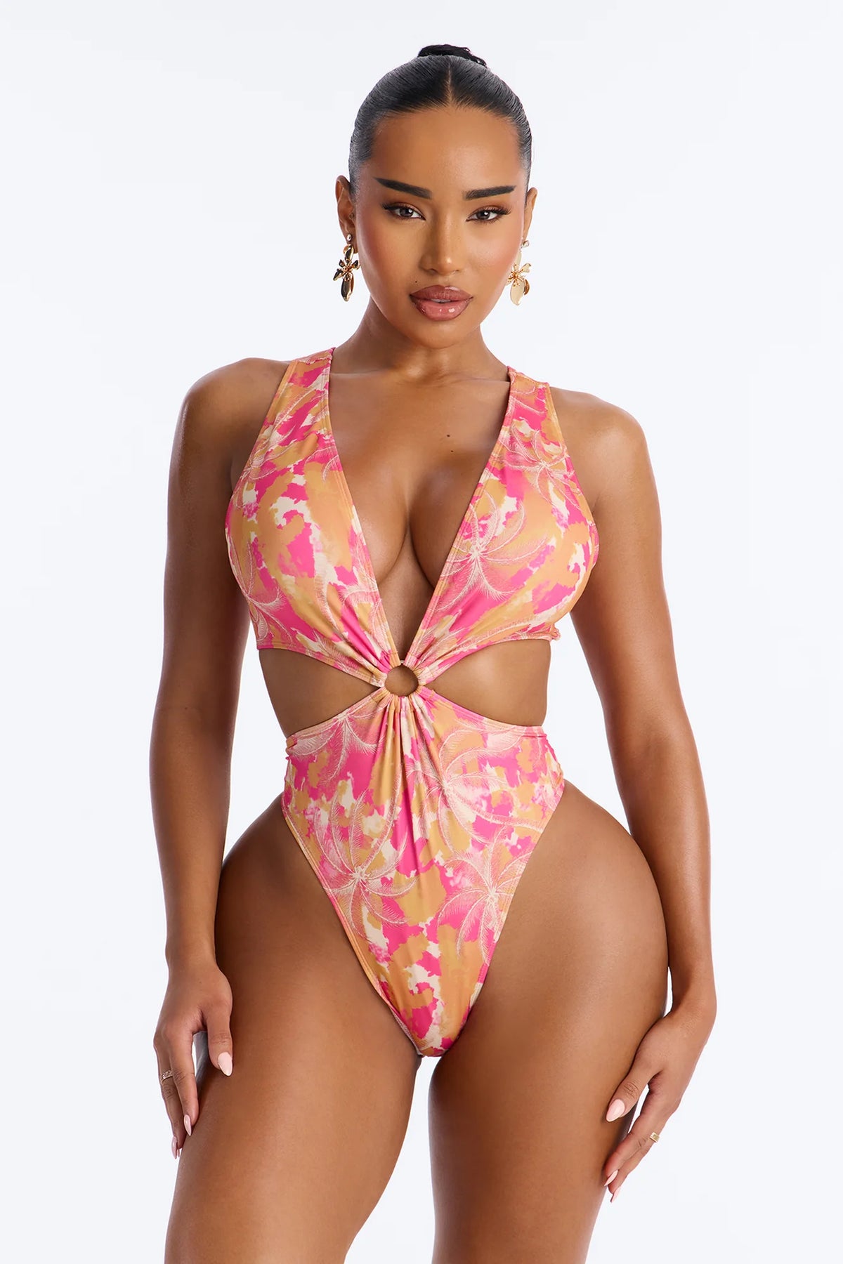 Seas Of The Day Tropical Palm Trees Cut Out High Cut 1 Piece Swimsuit - Pink/combo