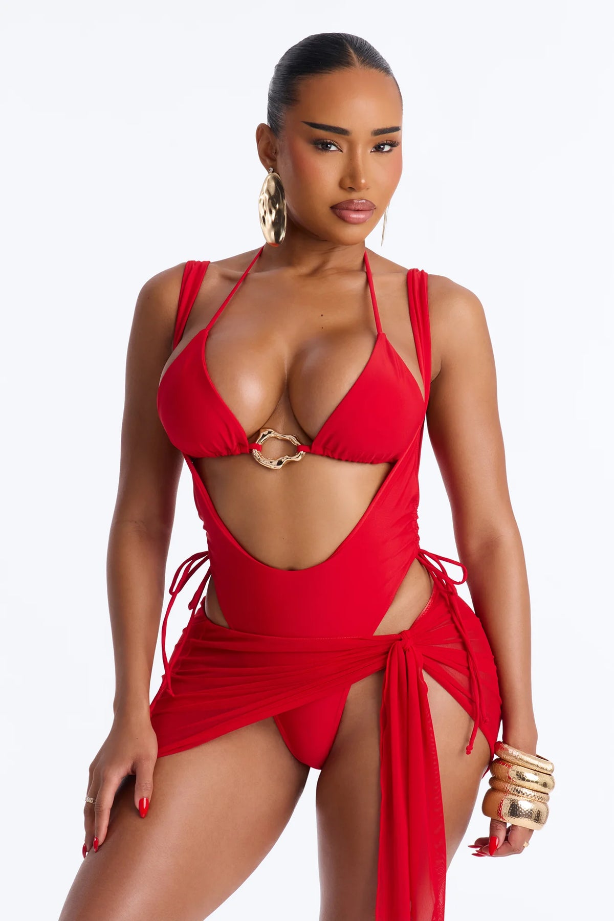Angie 3 Piece Tied Triangle Bikini Waist Suit & Micro Mini Skirt Sunsuit - Red