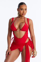 Angie 3 Piece Tied Triangle Bikini Waist Suit & Micro Mini Skirt Sunsuit - Red