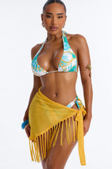 In The Tropics Mesh Fringe Swim Cover Up Sarong - Yellow