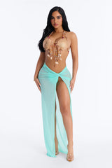 Seashells & Sunshine Beaded 3 Piece Bikini Sarong Set - Turquoise/combo