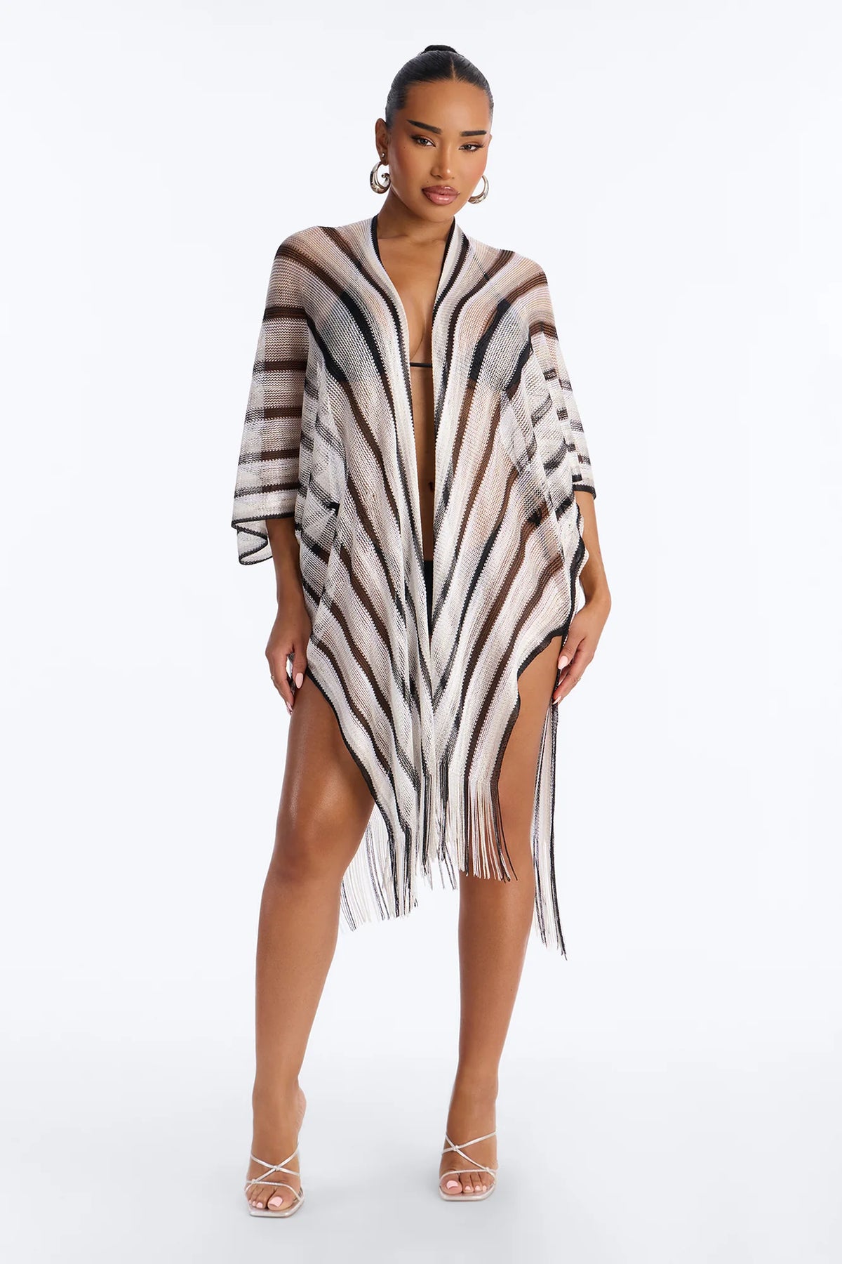 Leni Striped Swim Cover Up Kimono - Black/White