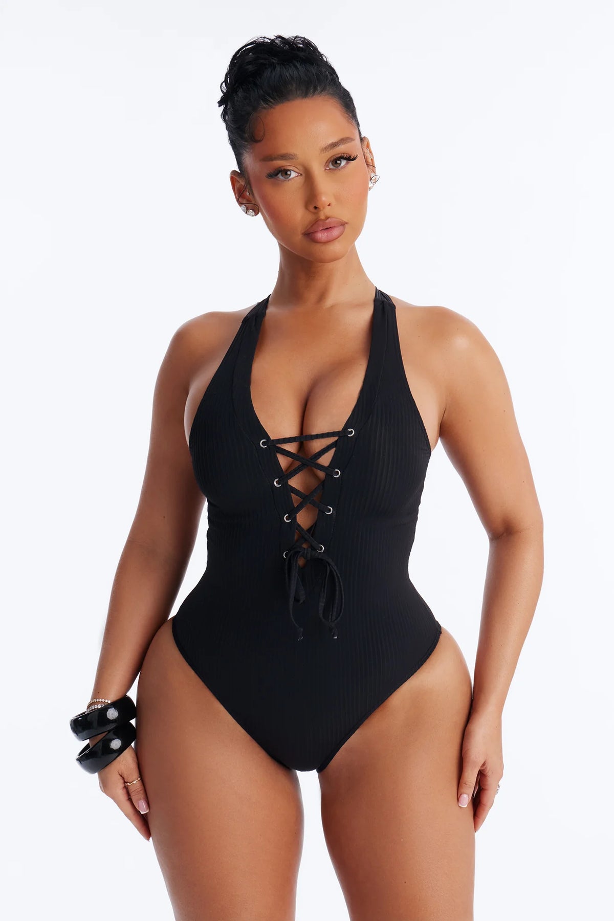 Clear Water Textured Lace Up V-Neck 1 Piece Swimsuit - Black