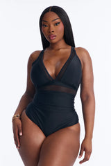 Take A Dip Mesh Cutout Tummy Control 1 Piece Swimsuit - Black