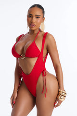Angie 3 Piece Tied Triangle Bikini Waist Suit & Micro Mini Skirt Sunsuit - Red