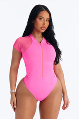 Surfin Life's Wave 1 Piece Zip Up Short Sleeve Swimsuit - Bubblegum Pink