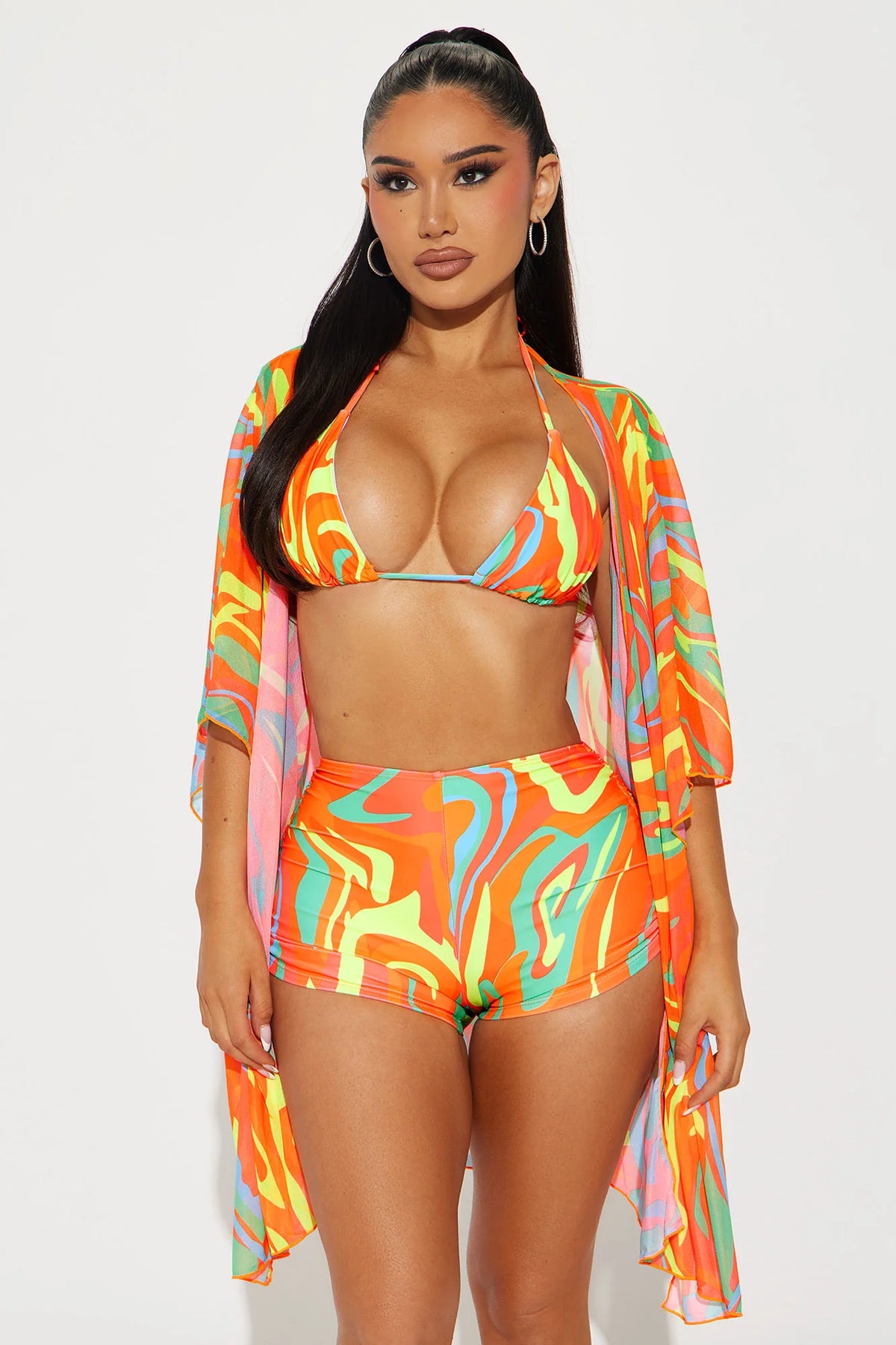 Kairi Ruched Boyshort & Kimono 3 Piece Bikini Set - Orange/combo