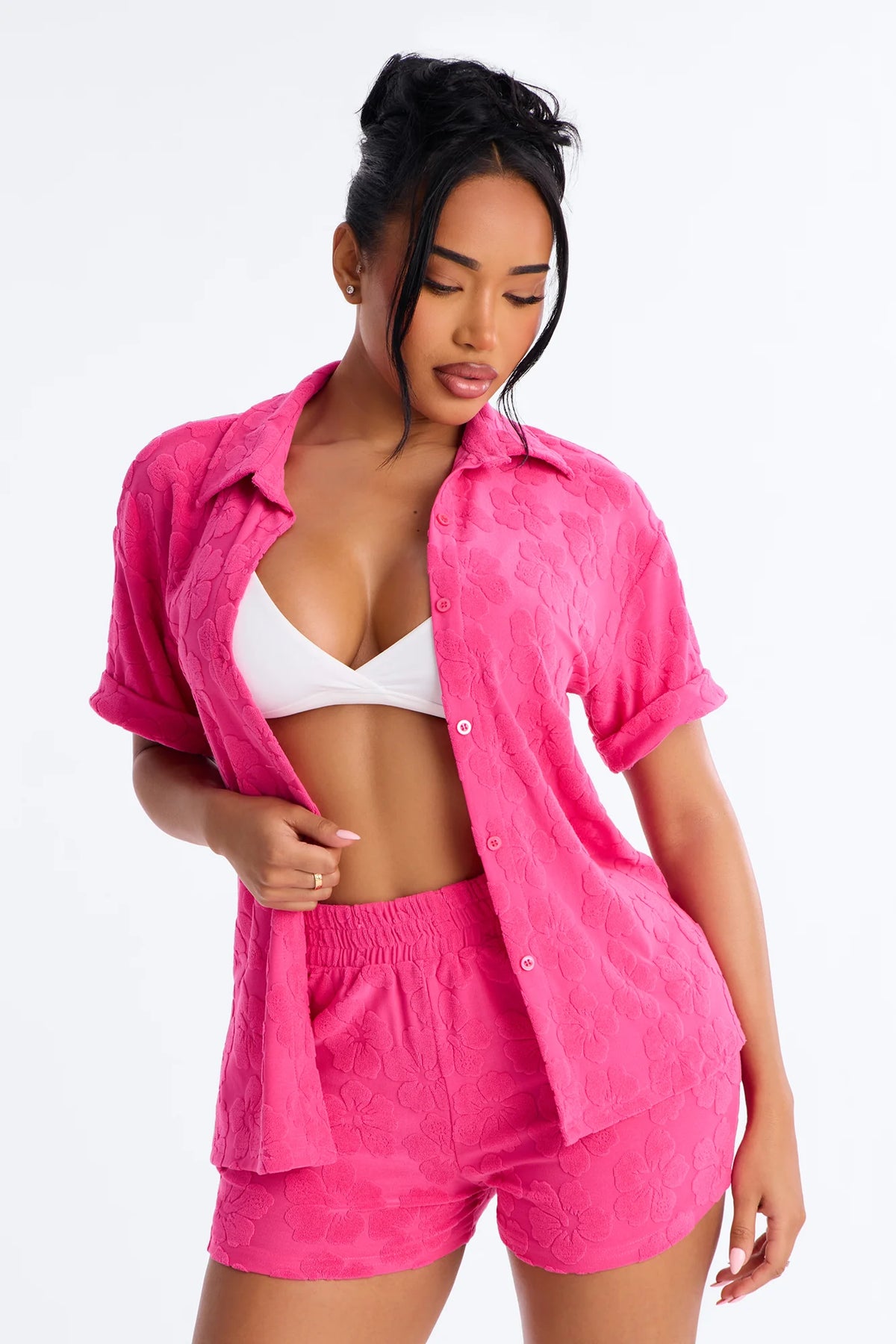 Cristal Textured Swim Cover Up Short Set - Fuchsia