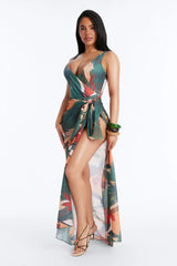 Solene 1 Piece Draped Swimsuit With Matching Sarong - Multi Color