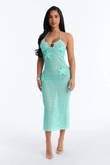 Scarlett Crochet Swim Cover Up Halter Midi Dress - Turquoise