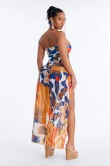 Nola Abstract 1 Piece Strapless Swimsuit & Mesh Cover Up Maxi Skirt - Multi Color