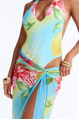 Tropical Escape 1 Piece Plunge Swimsuit & Mesh Cover Up Maxi Skirt Set - Multi Color