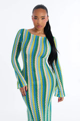 Izzy Pinstripe Flare Sleeves Maxi Swim Cover Up Dress - Green/combo