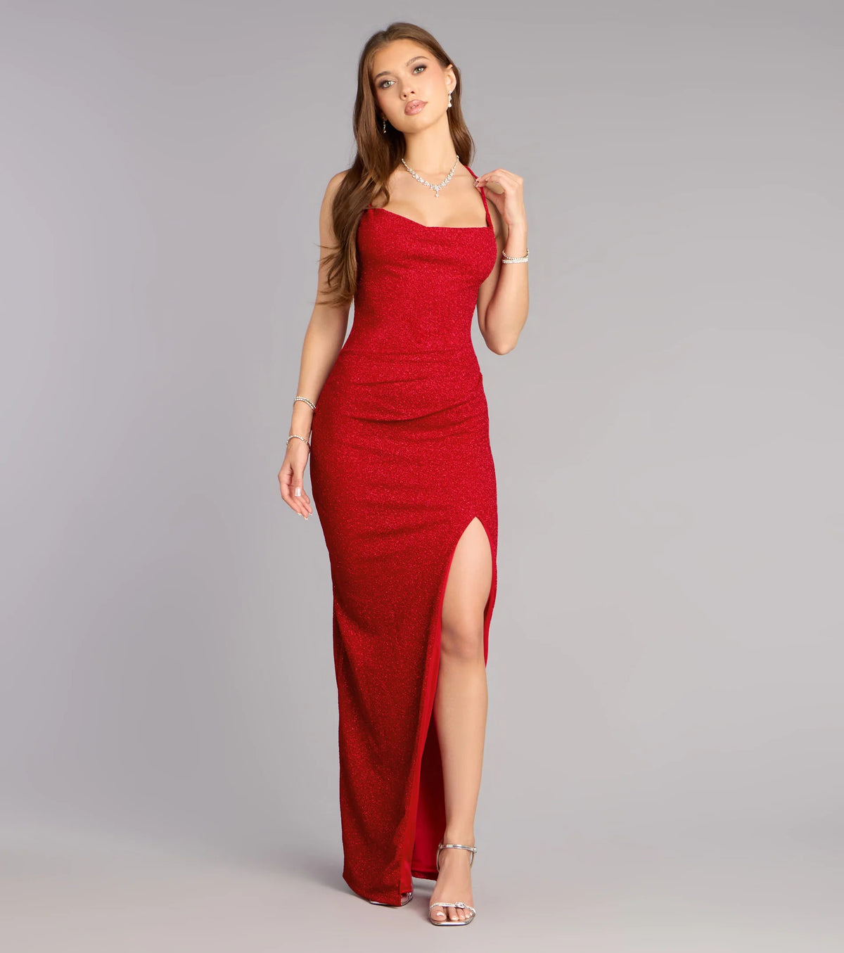 Eva Glitter Lace-Up Column Formal Dress