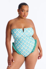 Lola Palm Trees Ruffle 1 Piece Swimsuit - Blue/combo