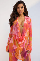 Summer Muse Cowl Neck Mesh Cover Up Pants Set - Orange/combo