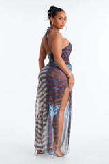 Cleo Animal 3 Piece Triangle Bikini & Mesh Cover Up Maxi Dress Sunsuit - Multi Color