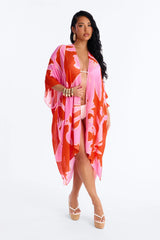 Seas The Day Abstract Swim Cover Up Kimono - Pink/combo