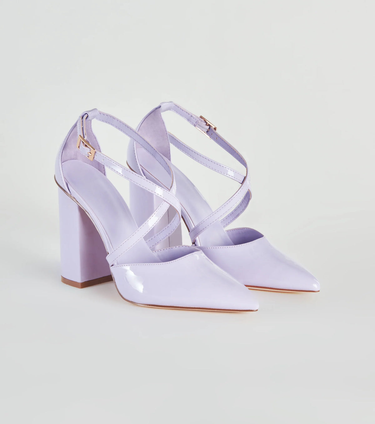 Cross My Path Patent Block Heel Pumps