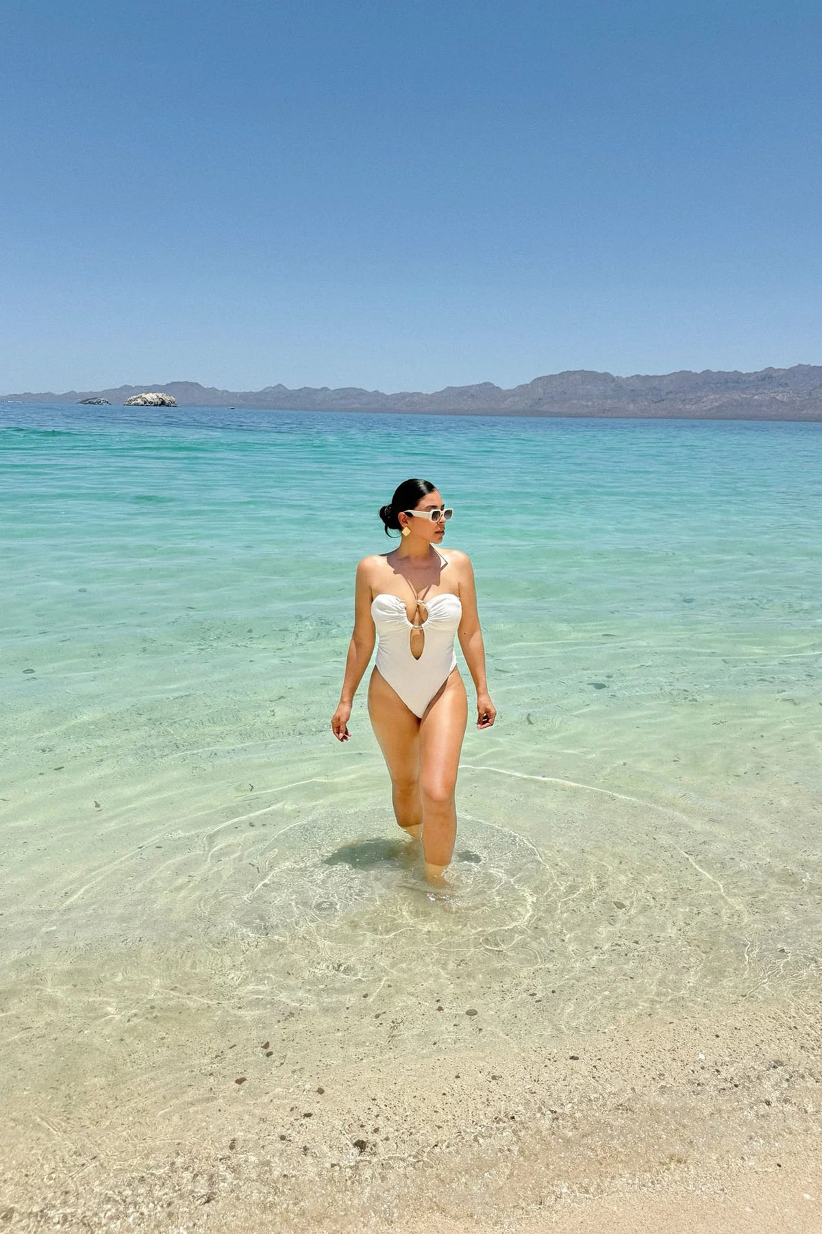 Summer Charm Snake Hardware Strapless 1 Piece Swimsuit - White