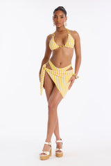 Ruby Textured Pinstripe O-Ring 3 Piece Bikini Sarong Set - Yellow/combo