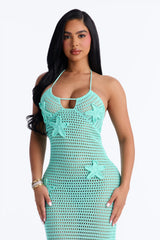 Scarlett Crochet Swim Cover Up Halter Midi Dress - Turquoise