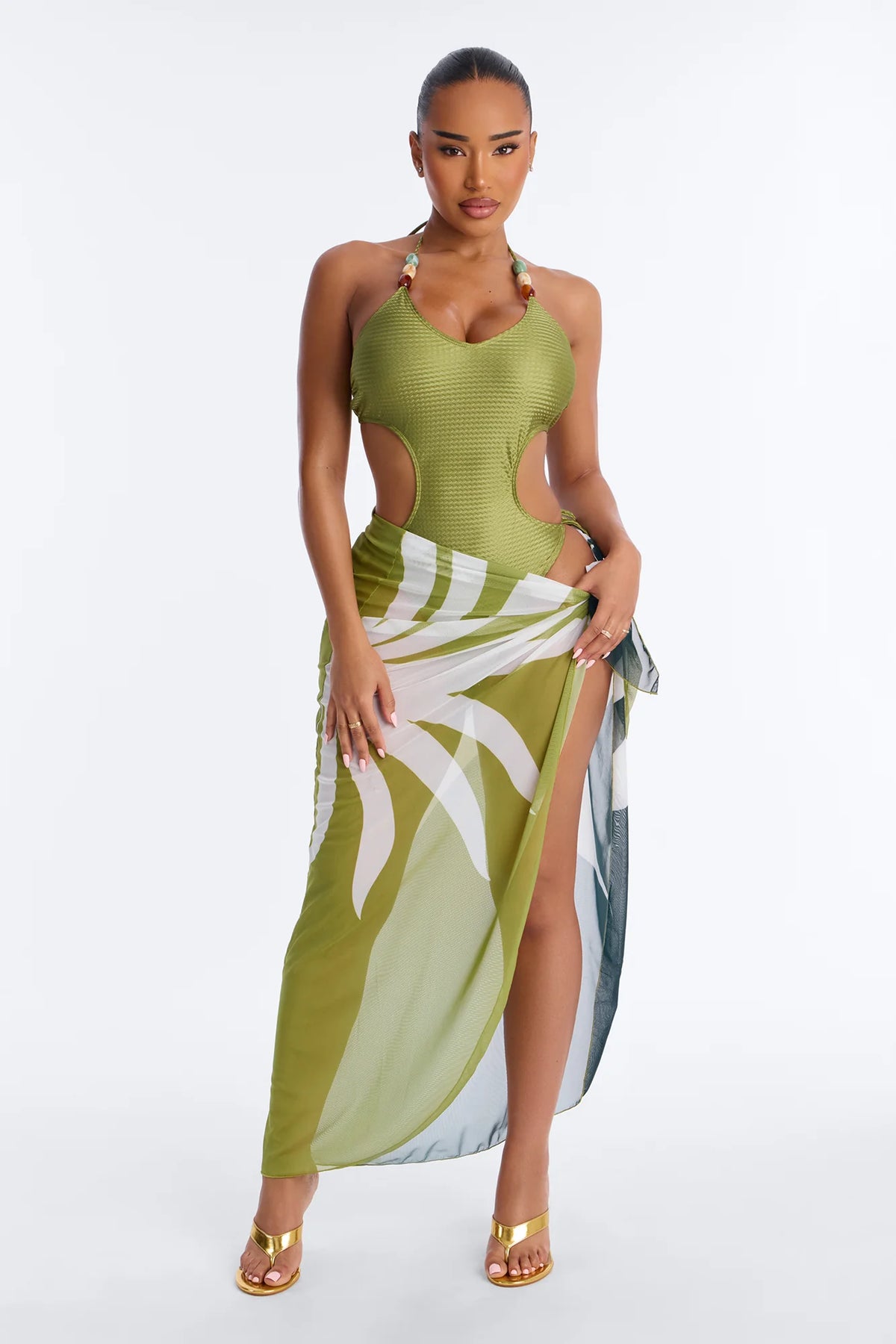 Waiting For The Sunset 1 Piece Swimsuit And Sarong - Green/combo