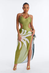 Waiting For The Sunset 1 Piece Swimsuit And Sarong - Green/combo