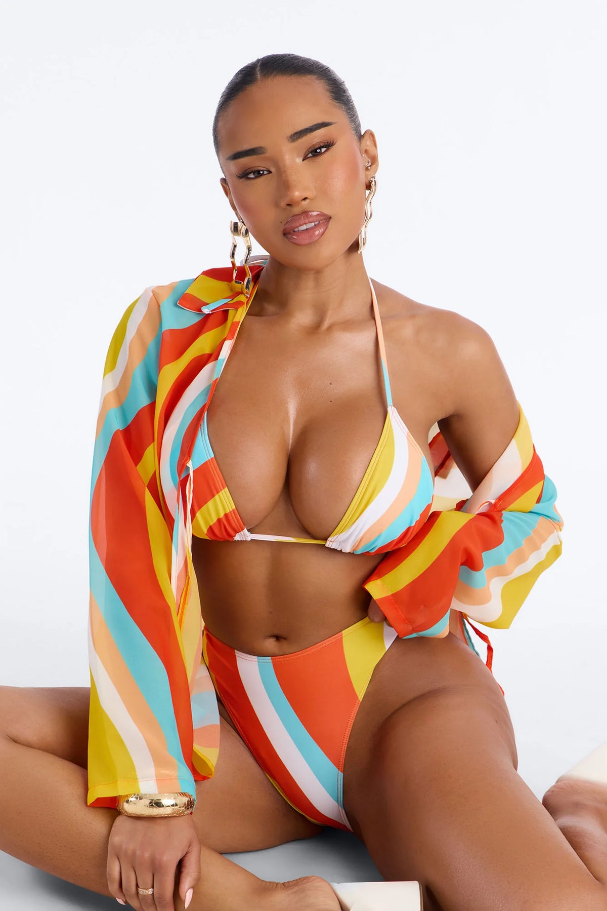 Desert Oasis Striped Triangle Bikini Mesh Shirt Cover Up Set - Orange/combo