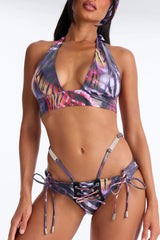 Beach Brat Animal 2 Piece Bikini Set With Headscarf - Purple/combo