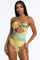 Areli Abstract One shoulder Cut Out 1 Piece Swimsuit & Sarong Set - Green/combo