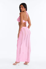 Seas The Bloom 3 Piece Floral Swim Crochet Cover Up Skirt Set - Pink