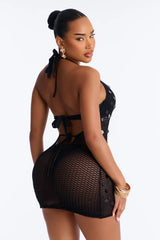 Thea Fishnet Sequin Shoulder Tie O-Ring Swim Cover Up Mini Dress - Black