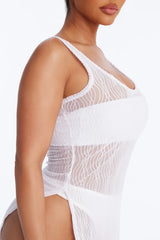 Live In The Moment Mesh Cover Up High Slit Dress - White