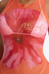 Floral Fantasy Sheer Swim Cover Up Dress - Orange