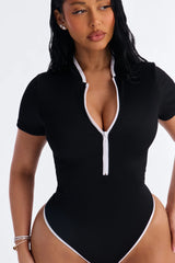 Elevated Ribbed 1 Piece Zip Up Short Sleeve Swimsuit - Black/White