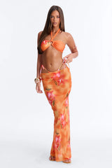 Susanna Floral Bandeau Maxi 3 Piece Bikini Skirt Set - Orange