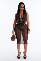 Royal Sand Sheer Halter Deep V-Neck Swim Cover Up Midi Dress - Brown/combo