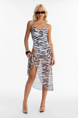 Soft Dusk Stretch 1 Piece Zebra Open Back Swimsuit With Sarong - Black/White