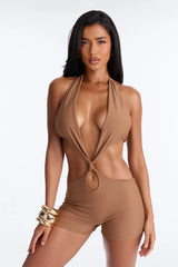 Unforgettable 1 Piece Plunge Cut Out Swimsuit Romper - Brown