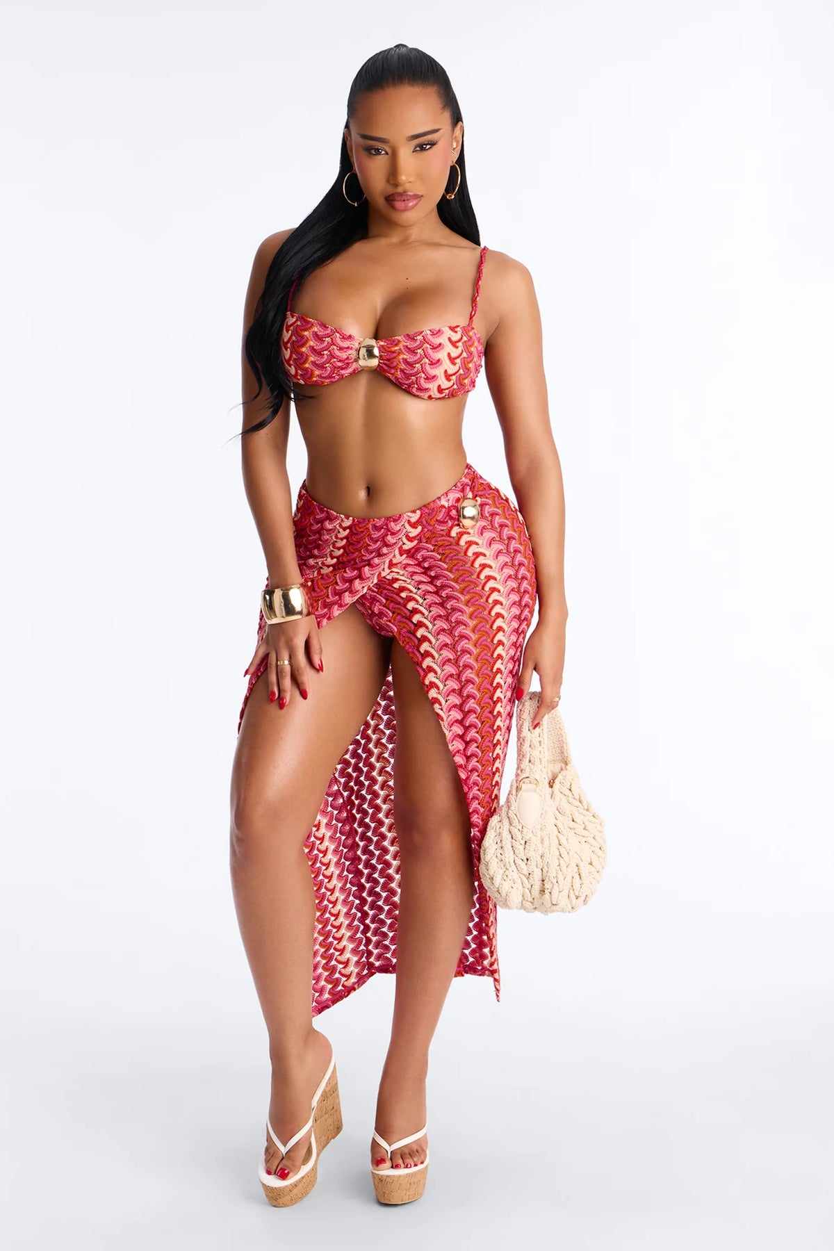 Jazzlyn Abstract 3 Piece Bikini Skirt Set - Pink/combo